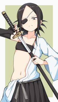 1girl annoyed aogiri_(kunoichi_tsubaki_no_mune_no_uchi) bandeau black_bandeau black_gloves black_hair black_skirt brown_eyes closed_mouth collarbone cowboy_shot dot_nose elbow_gloves eyepatch female_focus fingerless_gloves flat_chest gloves green_background hakama hakama_skirt hand_up holding holding_sword holding_weapon japanese_clothes katana kimono kimono_partially_removed kosode kunoichi_tsubaki_no_mune_no_uchi long_sleeves looking_at_viewer low_ponytail medium_hair navel petite ponytail simple_background skirt solo standing sword tanuki_noyama tomboy two-tone_background weapon white_background white_kimono