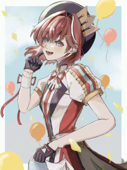 1girl :d ange_katrina balloon beret blue_background blue_eyes border commentary_request confetti contrast_lapels crossed_bangs crown_hat_ornament finger_to_cheek flat_chest from_side gloves hair_between_eyes hair_ornament half_gloves hand_up hat highres idol_clothes jacket lapels looking_at_viewer looking_to_the_side medium_hair multicolored_hair neck_ribbon nijisanji open_mouth outside_border puffy_short_sleeves puffy_sleeves purple_gloves purple_hat red_hair red_ribbon ribbon sakura_anc sanbaka_anniversary_outfit short_sleeves single_wrist_cuff smile solo streaked_hair triangle_hair_ornament two-tone_hair upper_body virtual_youtuber white_border white_hair white_jacket white_wrist_cuffs wrist_cuffs wrist_ribbon