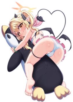 1girl ass barefoot bikini black_horns black_wings blonde_hair blue_archive demon_horns demon_tail demon_wings hajiwan001 halo highres horns ibuki_(blue_archive) loli long_hair looking_at_viewer pointy_ears simple_background soles solo swimsuit tail toes white_background wings yellow_eyes yellow_halo