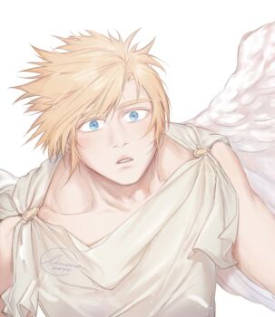 1boy angel angel_wings bare_shoulders blonde_hair blue_eyes cloud_strife collarbone commentary english_commentary feathered_wings feathers final_fantasy final_fantasy_vii linono looking_at_viewer looking_up parted_lips short_hair signature solo spiked_hair tunic upper_body white_background white_feathers white_tunic white_wings wings