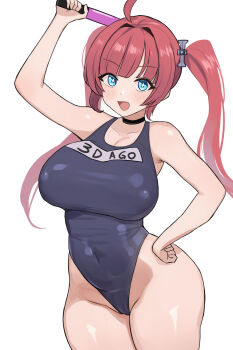 1girl :d absurdres ahoge arm_up azur_lane bare_arms black_choker black_one-piece_swimsuit blue_eyes blush breasts choker cleavage commentary_request covered_navel cowboy_shot erufura hair_ornament hand_on_own_hip highres large_breasts long_hair looking_at_viewer one-piece_swimsuit open_mouth red_hair san_diego_(azur_lane) simple_background smile solo standing swimsuit twintails white_background