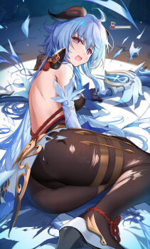 1girl ahoge ass bare_shoulders blue_hair bodysuit breasts brown_pantyhose cameltoe detached_sleeves gameplay_mechanics ganyu_(genshin_impact) genshin_impact gloves goat_horns health_bar highres hirai_yuzuki horns jewelry leotard long_hair looking_at_viewer lying medium_breasts on_side open_mouth pantyhose purple_eyes shiny_skin sideboob solo tears thick_thighs thighlet thighs torn_clothes torn_pantyhose very_long_hair waist