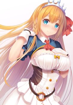 1girl arm_up ascot blue_eyes blush bow braid breasts cleavage closed_mouth commentary_request dress female_focus frilled_sleeves frills gloves gradient_background grey_background hair_ribbon hand_on_own_chest highres koko_(koko3) large_breasts layered_dress long_hair looking_at_viewer pecorine_(princess_connect!) princess_connect! puffy_short_sleeves puffy_sleeves red_ascot red_ribbon ribbon short_sleeves shrug_(clothing) side_braid smile solo split_mouth straight_hair strapless strapless_dress tiara underbust very_long_hair white_dress white_gloves yellow_bow