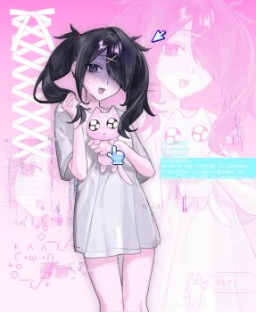 1girl 3kento84199 @_@ ame-chan_(needy_girl_overdose) ascii_art black_hair character_doll cursor diagonal_bangs doll dress english_text error_message feet_out_of_frame glitch hair_over_one_eye highres holding holding_doll knees_together_feet_apart needy_girl_overdose nervous nightgown one_eye_covered open_mouth partially_shaded_face pien_cat_(needy_girl_overdose) playing_with_own_hair short_twintails sidelocks solo standing sweat twintails white_dress zoom_layer