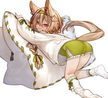 1girl :3 animal_ear_fluff arknights beanstalk_(arknights) brown_hair green_hairband hair_between_eyes hairband highres hyena_ears hyena_girl hyena_tail kneeling kochiya_(gothope) looking_at_viewer off-shoulder_sweater off_shoulder red_eyes short_hair solo sweater white_background white_sweater
