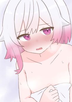 1girl blush collarbone flat_chest gradient_hair highres loli looking_to_the_side mahou_shoujo_no_majo_saiban medium_hair multicolored_hair nose_blush nude open_mouth pale_skin pink_eyes pink_hair sakuraba_ema simple_background solo steam steaming_body sweat tabedesuyo towel two-tone_hair white_background white_hair