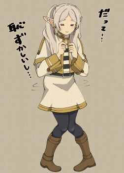 1girl =_= a-king belt black_belt black_pantyhose boots brown_background brown_boots capelet commentary_request earrings elf embarrassed frieren full_body grey_hair highres jewelry knee_boots knees_together_feet_apart long_hair pantyhose pigeon-toed pointy_ears shirt simple_background skirt solo sousou_no_frieren striped_clothes striped_shirt teardrop_earrings translation_request twiddling_fingers twintails white_capelet white_skirt