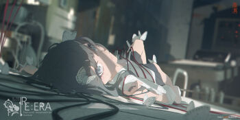 1girl black_hair black_skirt blurry blurry_background bug butterfly closed_mouth commentary crying crying_with_eyes_open grey_eyes highres insect looking_at_viewer lying on_back original pleated_skirt plug shirt skirt tears void_0 white_butterfly white_shirt