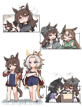 Rule 34 | 5girls, ?, animal, animal ears, antenna hair, barefoot, beanie, beer hsk, black hair, blue one-piece swimsuit, breasts, brown hair, cat, chibi, closed eyes, closed mouth, covered navel, crossed arms, dress, green dress, green eyes, green jacket, grey hair, grey hat, grey jacket, grey shirt, hair between eyes, hair brush, hat, highres, holding, holding hair brush, holding unworn clothes, holding unworn hat, hood, hood down, hoodie, horse ears, horse girl, horse tail, jacket, jacket on shoulders, kin'iro ryotei (umamusume), large breasts, long hair, multicolored hair, multiple girls, nakayama festa (umamusume), one-piece swimsuit, open clothes, open jacket, open mouth, orfevre (umamusume), pleated skirt, puffy short sleeves, puffy sleeves, purple shirt, red eyes, red jacket, satono diamond (umamusume), school uniform, shirt, short sleeves, sirius symboli (umamusume), skirt, smile, standing, striped clothes, striped headwear, swimsuit, tail, tracen school uniform, two-tone hair, umamusume, unworn hat, unworn headwear, v-shaped eyebrows, vertical-striped clothes, vertical-striped headwear, very long hair, white hair, white hoodie, white skirt