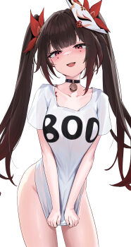 Rule 34 | 1girl, absurdres, bell, black hair, blush, bottomless, breasts, choker, commentary, covering crotch, covering privates, cowboy shot, fox mask, hair ornament, highres, honkai: star rail, honkai (series), jingle bell, long hair, looking at viewer, mask, mask on head, medium breasts, neck bell, open mouth, pink eyes, shirt, shirt tug, short sleeves, simple background, skai kun, smile, solo, sparkle (honkai: star rail), thighs, twintails, white background, white shirt