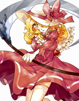 Rule 34 | 1girl, bai he, blonde hair, bow, breasts, commentary request, dress, elly (touhou), food, fruit, hair over one eye, hat, highres, holding, holding food, holding fruit, holding scythe, long sleeves, looking at viewer, medium hair, open mouth, pantyhose, red dress, ribbon, ribbon-trimmed hat, scythe, smile, solo, touhou, touhou (pc-98), white hat, white pantyhose, yellow eyes