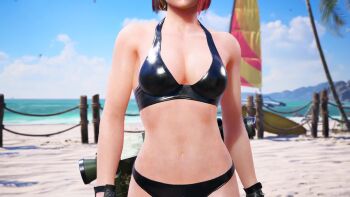 1girl 3d animated anna_williams beach bikini black_bikini black_gloves breasts brown_hair female_focus fingerless_gloves game_screenshot gloves holding_rocket_launcher holding_weapon large_breasts leather_bikini multicolored_hair namco outdoors red_hair rocket_launcher short_hair solo subtitled swimsuit tagme tekken tekken_8 two-tone_hair video video_game_screencap weapon