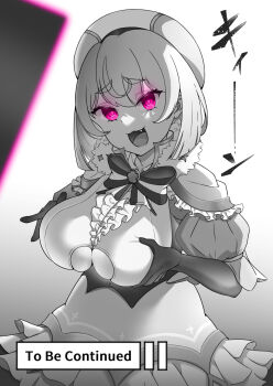 1girl beret bow bowtie breasts capelet center_frills cleavage_cutout clothing_cutout commentary_request davi_artman dress elbow_gloves empty_eyes english_text fang frills gloves glowing grabbing_own_breast greyscale hat highres hypnosis hypnosis_app indie_virtual_youtuber instant_loss jewelry large_breasts looking_at_viewer meme mind_control monochrome mutsuki_miyama open_mouth pink_eyes purple_eyes short_hair skirt solo spot_color to_be_continued underboob virtual_youtuber