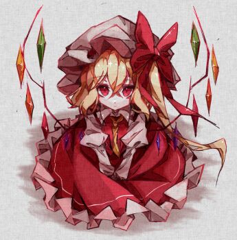 Rule 34 | 1girl, ascot, blonde hair, closed mouth, crystal, crystal wings, embodiment of scarlet devil, flandre scarlet, full body, hat, hat ribbon, highres, looking at viewer, mob cap, puffy short sleeves, puffy sleeves, red eyes, red skirt, red vest, ribbon, shirt, short sleeves, side ponytail, simple background, sitting, skirt, solo, touhou, user dpgf7477, vest, wings, yellow ascot