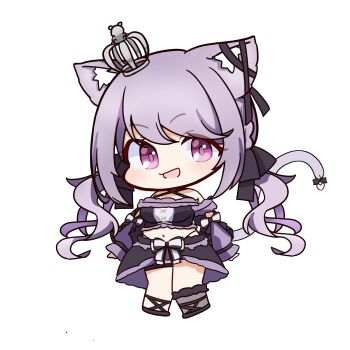 Rule 34 | 1girl, animal ears, black bow, black ribbon, black shoes, black skirt, black sleeves, black socks, black tube top, blush, bow, skirt bow, breasts, cat ears, cat girl, chibi, commentary, criss-cross halter, crown, detached sleeves, ear ribbon, frilled tube top, frills, full body, hair bow, halterneck, highres, ina uruu, long hair, looking at viewer, mariooo, medium breasts, midriff, mini crown, nanashi inc., navel, open mouth, pink eyes, purple hair, ribbon, shoes, simple background, single sock, skirt, smile, socks, solo, strapless, tube top, two-tone bow, virtual youtuber, white background, white bow