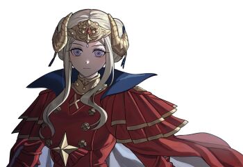 Rule 34 | 1girl, breasts, cape, closed mouth, commentary request, edelgard von hresvelg, edelgard von hresvelg (timeskip), fake horns, fire emblem, fire emblem: three houses, hair up, headpiece, heigen no bambi, horned headwear, horns, korean commentary, medium breasts, nintendo, purple eyes, red cape, short hair, solo, white hair