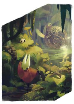 Rule 34 | 1girl, arthropod girl, black eyes, black skin, cage, cave, cloak, colored skin, day, eating, full body, hashtag-only commentary, highres, holding, holding weapon, hollow eyes, hollow knight, hollow knight: silksong, horned mask, hornet (hollow knight), horns, in-universe location, looking at another, mask, moss, mossgrub (hollow knight), nature, needle (hollow knight), no humans, no mouth, red cloak, rouughnix, sitting, spikes, weapon, white mask