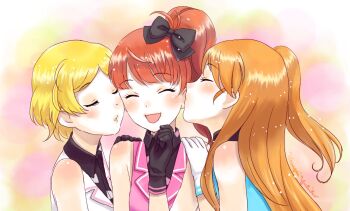3girls :d ^_^ amamiya_rizumu bare_shoulders black_gloves black_shirt blonde_hair blush bow closed_eyes collared_shirt commentary_request facing_another facing_viewer girl_sandwich gloves hair_bow hand_on_another&#039;s_shoulder hand_on_own_chin harune_aira highres imminent_kiss jacket kanagai_yukiko kiss long_hair multiple_girls open_mouth orange_hair parted_bangs parted_lips pink_jacket pretty_rhythm pretty_rhythm_aurora_dream pretty_series sandwiched shirt short_hair side_ponytail smile takamine_mion upper_body white_gloves yuri