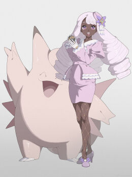 1girl ^_^ ascot clefairy closed_eyes dark-skinned_female dark_skin dress fascinator fishnet_pantyhose fishnets frilled_ascot frills full_body gen_1_pokemon gloves gradient_background grey_eyes hair_ornament highres holding holding_poke_ball jacinthe_(pokemon) jewelry juliet_sleeves kmconceptart long_hair long_sleeves looking_at_viewer low_drills luxury_ball mega_stone nintendo open_mouth pantyhose pink_hair poke_ball pokemon pokemon_(creature) pokemon_legends:_z-a puffy_sleeves purple_dress purple_eyes simple_background skirt strapless strapless_dress teeth tube_dress upper_teeth_only very_dark_skin white_gloves