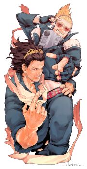 2boys achio888 adam&#039;s_apple aizawa_shota beckoning belt black_jacket black_pants blonde_hair boku_no_hero_academia facial_hair fingerless_gloves gloves goggles goggles_on_head grin headphones highres hugging_another&#039;s_leg jacket male_focus midriff multiple_boys mustache mustache_stubble pants present_mic red_eyes scar scar_on_face scarf short_hair signature simple_background smile sparse_stubble stubble studded_belt veins veiny_arms white_background white_scarf yaoi