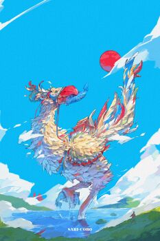 absurdres beak bird blue_sky character_name cloud commentary creature creature_focus english_commentary feathers highres moon original outdoors patrick_ganas pond red_moon sky solo white_feathers