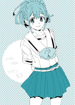 Rule 34 | 1girl, aqua theme, arms behind back, bare legs, belt, braid, chest bow, chuo tanegashima high school uniform, commentary request, cropped shirt, half up braid, ikuhashi muiko, light blush, long hair, looking at viewer, monochrome, pleated skirt, robotics;notes, school uniform, science adventure, senomiya akiho, skirt, smile, solo, summer uniform, thighs, white belt