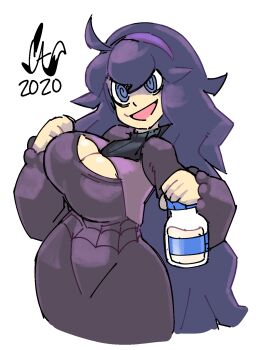 1girl 2020 @_@ ahoge alternate_breast_size_(larger) bottle breasts caliginousarts cleavage cleavage_cutout clothing_cutout commentary cropped_legs dress english_commentary hair_between_eyes hairband hands_up hex_maniac_(pokemon) hex_maniac_(pokemon_xy) highres holding holding_bottle large_breasts long_hair long_sleeves looking_at_viewer messy_hair milk milk_bottle nintendo open_mouth pokemon pokemon_xy purple_dress purple_eyes purple_hair purple_hairband smile solo very_long_hair