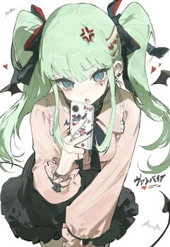 1girl :o @_@ anger_vein black_ribbon black_skirt blue_eyes blue_hair cellphone demon_tail hair_ribbon hatsune_miku highres holding holding_phone jirai_kei kaiaik_(zheliakaina) long_hair mini_wings neck_ribbon phone pink_shirt ribbon shirt simple_background skirt solo tail twintails v-shaped_eyebrows vampire_(vocaloid) vocaloid white_background wings