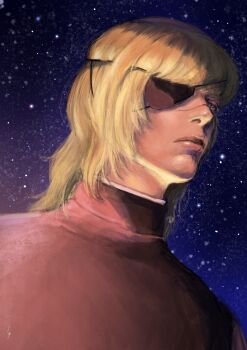 Rule 34 | 1boy, absurdres, badeni, black tabard, blonde hair, chi.: chikyuu no undou ni tsuite, commentary request, eyepatch, from below, highres, k05062688, lips, male focus, medium hair, nose, scar, scar on face, scar on lip, scar on mouth, scar on nose, sky, solo, star (sky), starry sky, tabard, tonsure