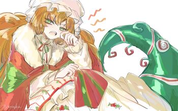 1girl blanket christmas_nightmare_(e.g.o) dress e.g.o_(project_moon) freckles frilled_sleeves frills green_eyes hat ishmael_(project_moon) limbus_company long_hair looking_at_viewer mob_cap open_mouth orange_hair project_moon sidelocks simple_background solo striped_shawl tentacles tkhenpkn very_long_hair white_background white_dress white_hat