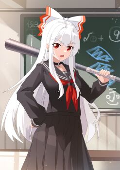 1girl absurdres alternate_costume baseball_bat black_choker black_sailor_collar black_serafuku black_shirt black_skirt bow chalkboard chinese_commentary choker commentary_request contemporary delinquent fujiwara_no_mokou grey_hair hair_bow highres holding holding_baseball_bat long_hair long_sleeves looking_at_viewer neckerchief open_mouth pleated_skirt red_eyes red_neckerchief sailor_collar school_uniform sdftehn serafuku shirt skirt solo touhou very_long_hair