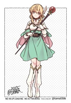 1girl armor ben-day_dots blonde_hair boots breastplate bridal_gauntlets choker dated dress fire_emblem fire_emblem:_genealogy_of_the_holy_war full_body gloves green_dress green_eyes hair_ornament highres holding holding_staff jewelry knee_boots looking_at_viewer mage_staff medium_dress nanna_(fire_emblem) nintendo pendant_choker sayu030b screentones short_hair short_hair_with_long_locks shoulder_armor signature simple_background smile solo staff standing watermark white_armor white_background white_boots white_gloves wing_hair_ornament