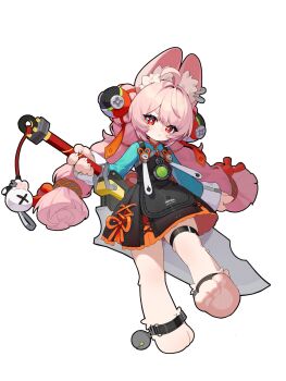 1girl accessories animal_ear_fluff animal_ears animal_feet ankleband bright_pupils charm_(object) chinese_clothes closed_mouth ear_piercing furry furry_female green_shirt hair_between_eyes hair_ornament hashtag-only_commentary highres holding holding_behind_back holding_sword holding_weapon holding_weapon_behind_back long_hair looking_at_viewer medallion o-ring_necktie piercing pink_fur pink_hair rabbit_ears rabbit_girl screw shirt short_eyebrows simple_background solo standing standing_on_one_leg sword thick_eyebrows thigh_strap tupikeee twintails weapon white_background white_pupils zenless_zone_zero zhao_(zenless_zone_zero)