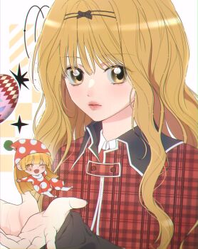 Rule 34 | 2girls, absurdres, blonde hair, blunt bangs, blush, capelet, closed mouth, commentary, guardian chara, hat, heart's egg (shugo chara!), highres, knn nabi, korean commentary, kusu kusu (shugo chara!), long hair, looking at viewer, mashiro rima, mini person, multiple girls, one eye closed, pointy shoes, polka dot, red capelet, school uniform, seiyo academy school uniform, shoes, shugo chara!, yellow eyes