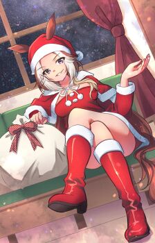 adversarial_noise ahoge animal_ears boots capelet christmas commentary_request crossed_legs dress ears_through_headwear fur-trimmed_capelet fur-trimmed_dress fur-trimmed_headwear fur_trim grin hat highres horse_ears horse_girl horse_tail long_hair long_sleeves looking_at_viewer multicolored_hair multiple_girls night orange_hair orfevre_(umamusume) parted_lips purple_eyes red_boots red_capelet red_dress red_hat remao sack santa_costume santa_dress santa_hat sitting sky smile star_(sky) tail two-tone_hair umamusume white_hair window
