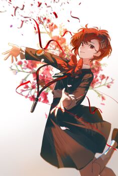 1girl bow brown_hair coat confetti digital_media_player flower gekkoukan_high_school_uniform hair_ornament hairclip headphones highres jacket persona persona_3 persona_3_portable red_bow red_eyes red_flower ribbon rrrrrrrrrrrou1 school_uniform shiomi_kotone shirt shoes short_hair simple_background skirt smile socks trench_coat white_shirt white_socks