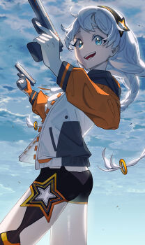 1girl :d absurdres ahoge blue_eyes blue_skirt bodysuit braid breasts cloud cloudy_sky dual_wielding ggo_nol_ja gun handgun highres holding holding_gun holding_weapon honkai_(series) honkai_impact_3rd kiana_kaslana kiana_kaslana_(white_comet) large_breasts long_hair long_sleeves open_mouth skirt sky smile solo tareme twin_braids weapon white_bodysuit white_hair
