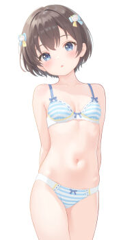 Rule 34 | 1girl, :o, absurdres, arms at sides, black hair, blue bow, blue eyes, blush, bow, bow bra, bow panties, bra, breasts, choker, commentary request, cowboy shot, hair bow, highres, looking at viewer, navel, original, panties, parted lips, rebun, short hair, simple background, small breasts, solo, standing, stomach, striped bra, striped clothes, striped panties, underwear, underwear only, white background