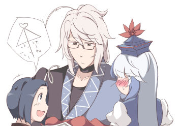 1boy 1girl androgynous black_hair blush child explaining glasses kamishirasawa_keine long_hair lozelia morichika_rinnosuke multicolored_hair short_hair touhou white_hair