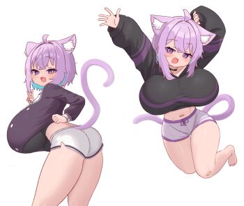 1girl ahoge ass barefoot black_collar blue_hair breasts cat_tail collar colored_inner_hair commentary_request fang gabai gigantic_breasts hair_intakes highres hololive legs long_sleeves looking_at_viewer looking_back medium_hair midriff multicolored_hair multiple_views navel nekomata_okayu open_mouth purple_eyes purple_hair short_shorts shorts sidelocks simple_background skin_fang solo tail two-tone_hair underboob v virtual_youtuber white_background white_shorts