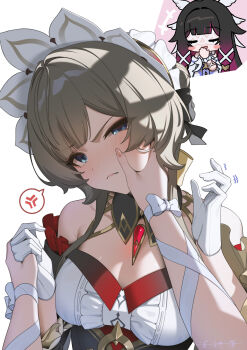 2girls anger_vein bare_shoulders black_hair blue_eyes blush breasts cheek_squash cleavage closed_eyes closed_mouth columbina_(genshin_impact) dress female_pov genshin_impact gloves grey_hair hand_on_another's_face highres holding_hands large_breasts looking_at_viewer meda multiple_girls open_mouth pov purple_streaks sandrone_(genshin_impact) simple_background smile spoken_anger_vein white_background white_dress white_gloves yuri