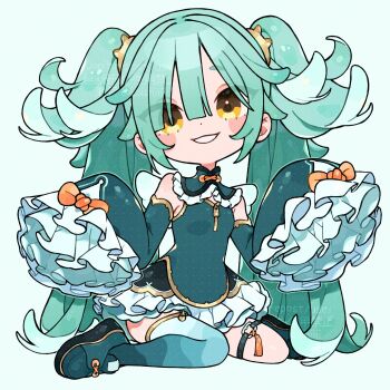 Rule 34 | bow, china dress, chinese clothes, commentary, dress, frilled thigh strap, frills, green hair, highres, looking at viewer, original, ribbon, seto (setosan), sitting, smile, thigh strap, thighhighs, twintails, untranslatable commentary, wings, yellow eyes