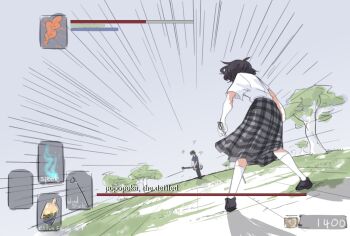 1boy 1girl artist_self-insert black_footwear sophie_(popopoka) cane character_name emphasis_lines estus_flask from_behind fromsoftware gameplay_mechanics grey_background grey_skirt heads-up_display health_bar holding holding_cane kneehighs leaf original outdoors plaid_clothes plaid_skirt popopoka popopoka_(character) shirt shoes short_hair short_sleeves skirt socks tree user_interface white_shirt white_socks