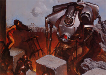 1girl armor battle black_hair burning castle character_request cloud copyright_request dress fantasy fire highres knight long_hair mecha medieval moon multiple_boys painting_(medium) red_dress robot scan science_fiction soldier suemi_jun traditional_media walker_(robot)