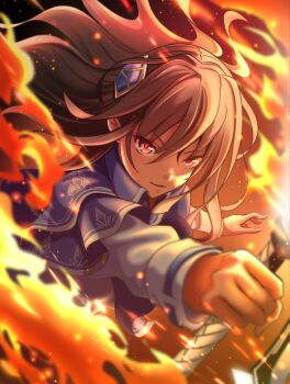 Rule 34 | 1girl, absurdres, blonde hair, blue capelet, blurry, capelet, commentary, depth of field, dutch angle, eyes visible through hair, fighting stance, fire, flaming sword, flaming weapon, floating hair, hair between eyes, hair ornament, heaven burns red, highres, holding, holding sword, holding weapon, kepekki kanojo, long hair, long sleeves, looking at viewer, outstretched arm, parted lips, red eyes, shirakawa yuina, shirt, smile, solo, sword, upper body, v-shaped eyebrows, weapon, white shirt