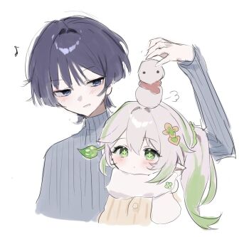 1boy 1girl alternate_costume bi_chya10 black_eyes black_hair blunt_ends blush brown_cardigan cardigan closed_mouth commentary_request contemporary cropped_torso cross-shaped_pupils eyeliner eyeshadow genshin_impact green_eyes green_hair green_pupils grey_sleeves grey_sweater hair_between_eyes hair_intakes hair_ornament hair_scrunchie half-closed_eyes height_difference korean_commentary leaf leaf_hair_ornament light_blush long_hair long_sleeves looking_at_another looking_to_the_side makeup multicolored_hair musical_note nahida_(genshin_impact) open_mouth pointy_ears puff_of_air red_eyeliner red_eyeshadow ribbed_sleeves ribbed_sweater scaramouche_(genshin_impact) scarf scrunchie side_ponytail sidelocks snowman snowman_on_head streaked_hair sweater symbol-shaped_pupils turtleneck turtleneck_sweater white_hair white_scarf winter_clothes wispy_bangs