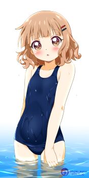 1girl absurdres blue_one-piece_swimsuit brown_eyes brown_hair flat_chest fujino_mariya hair_ornament hairclip highres loli old_school_swimsuit one-piece_swimsuit oomuro_sakurako school_swimsuit short_hair simple_background solo standing swimsuit wading water wavy_hair wet white_background yuruyuri