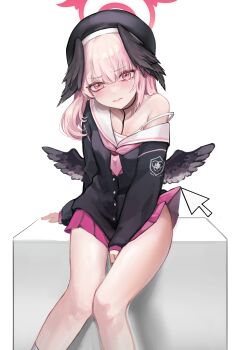 1girl absurdres beret between_legs black_cardigan black_hat black_wings blue_archive blush cardigan closed_mouth clothes_lift commentary feathered_wings halo hand_between_legs hat head_wings highres koharu_(blue_archive) lifted_by_cursor long_hair mh111026 pink_eyes pink_hair pink_halo pink_skirt school_uniform single_bare_shoulder sitting skirt skirt_lift solo white_background wings