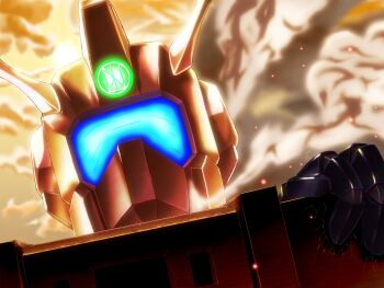 1980s_(style) crossover densetsu_kyojin_ideon highres ideon mecha oldschool retro_artstyle robot shingeki_no_kyojin smoke wall zephid
