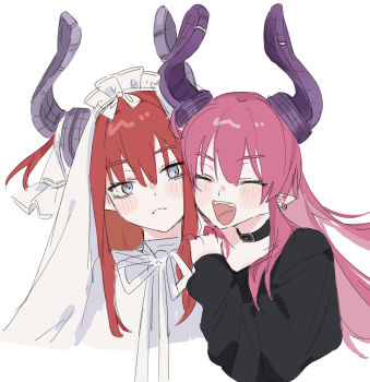2girls :d black_shirt blue_eyes dragon_girl dragon_horns elizabeth_bathory_(avenger)_(fate) elizabeth_bathory_(fate) elizabeth_bathory_(perfect)_(fate) elizabeth_bathory_(perfect)_(first_ascension)_(fate) expressionless facing_viewer fate/grand_order fate_(series) highres horns kaigan0211 long_sleeves looking_at_another looking_at_viewer multiple_girls open_mouth pink_hair pointy_ears red_hair shirt simple_background smile veil white_background white_veil